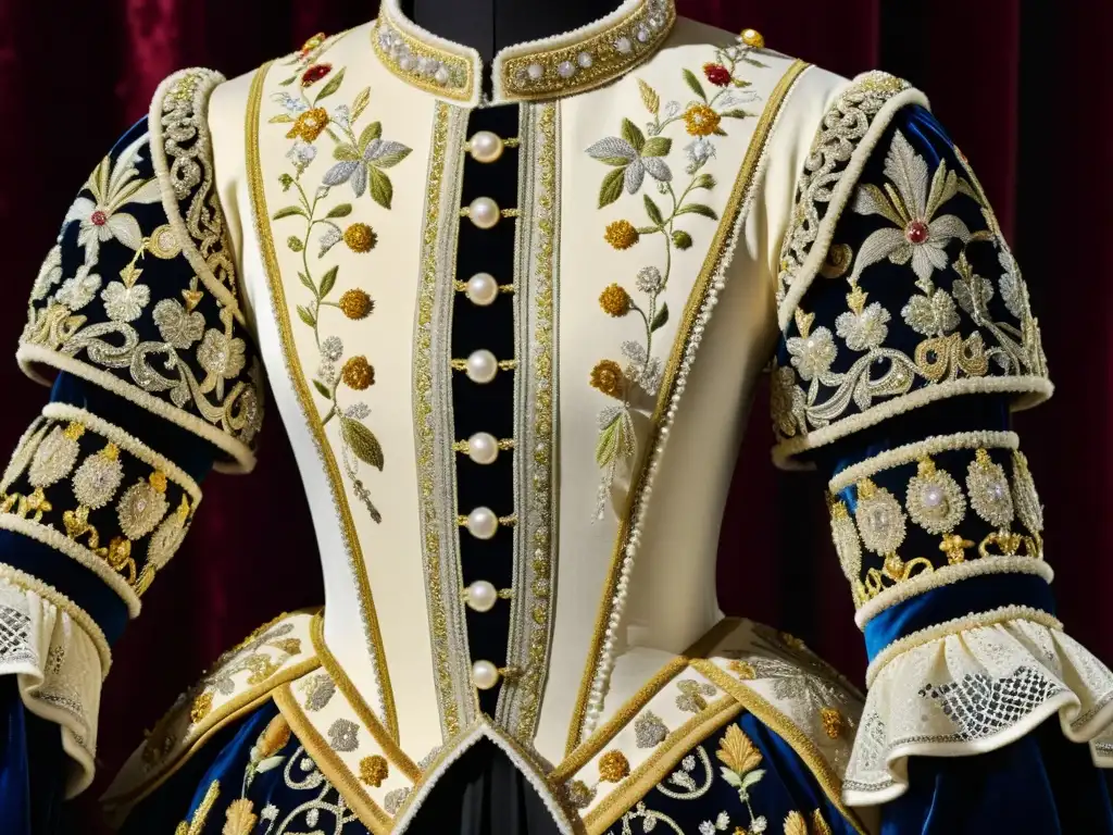 Detalle de moda corte europea siglo XVI: lujoso vestido bordado con hilos de oro y plata, en maniquí sobre terciopelo