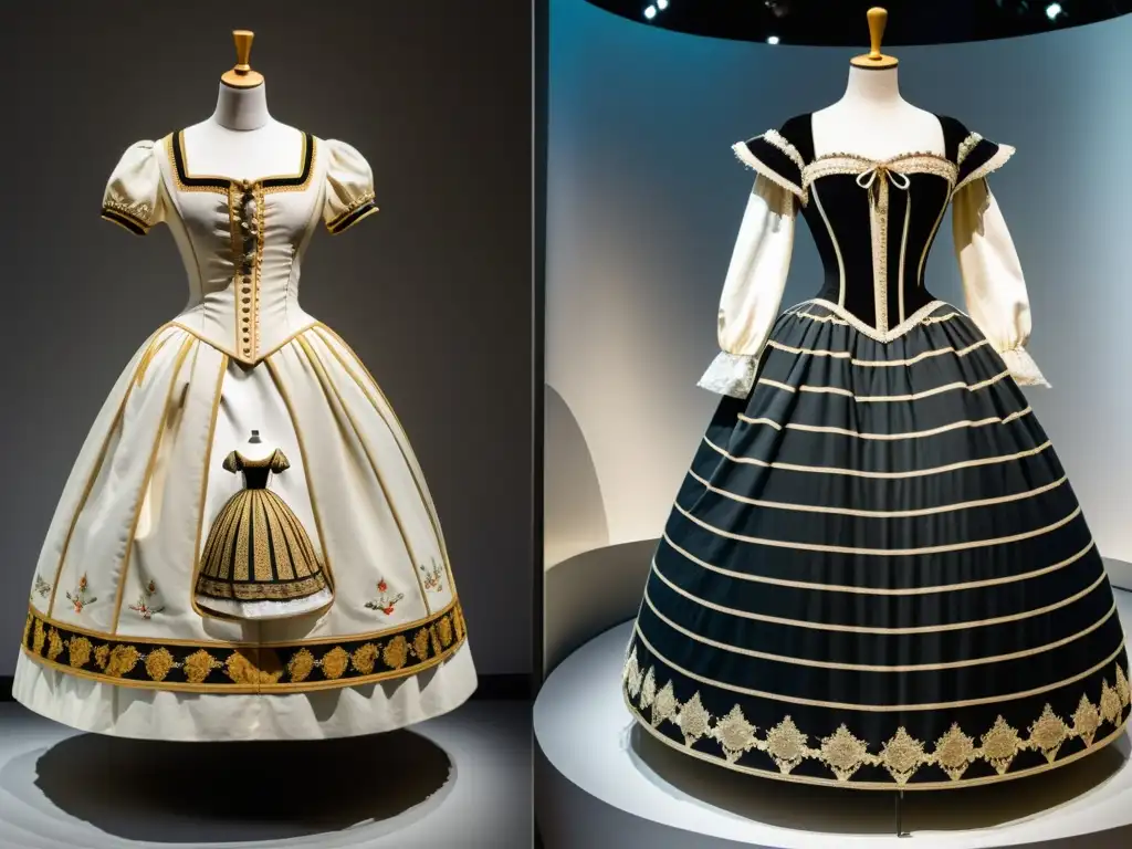 Detalle de exposición histórica de moda femenina con polisón y crinolina, mostrando la evolución de la silueta femenina