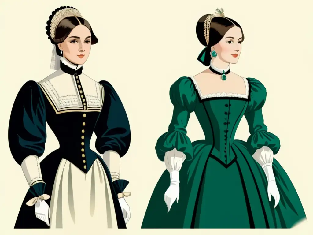 Detalle de ilustración de moda del siglo XIX, mostrando la evolución de las mangas en moda femenina