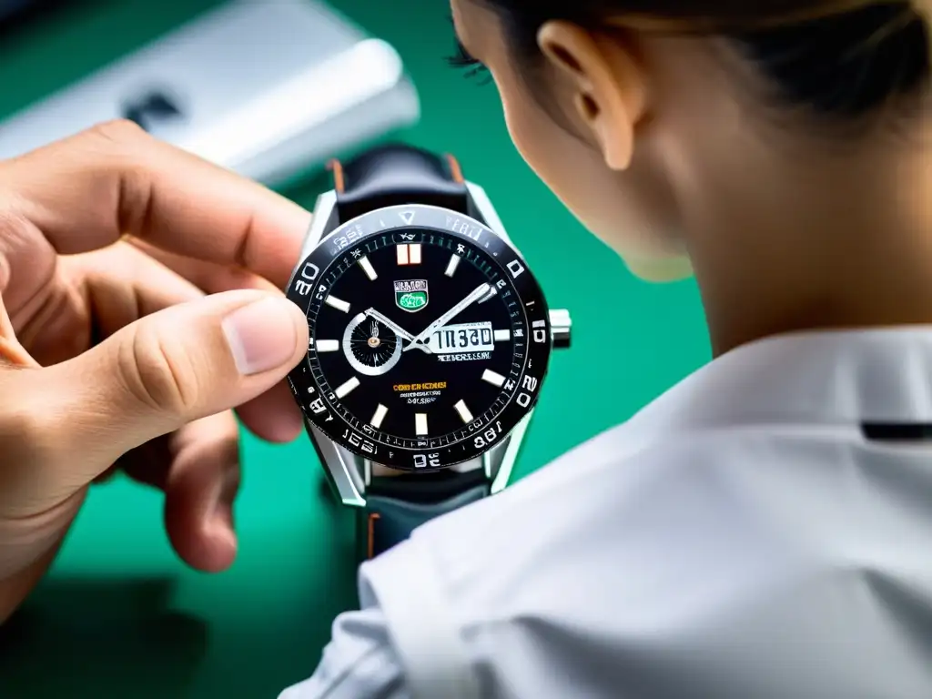 Detalle de montaje meticuloso de reloj inteligente TAG Heuer, fusionando artesanía de lujo y tecnología punta en una fábrica moderna