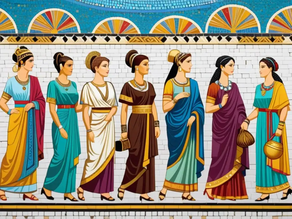 Detalle de mosaico que muestra la evolución de la moda femenina y su relación con el estatus social en la antigüedad romana