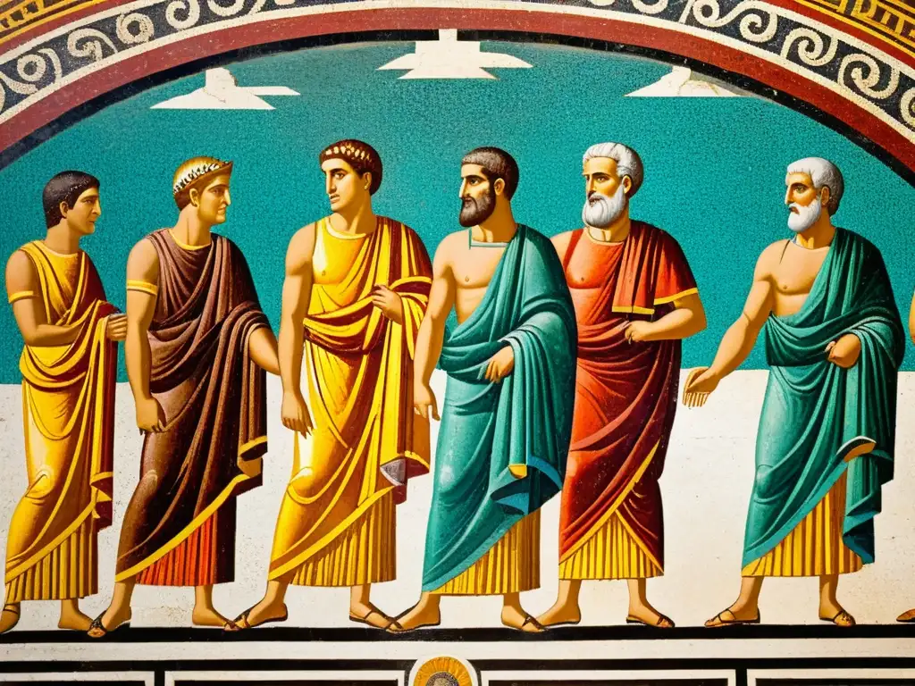 Detalle de mosaico en Pompeya: senadores y figuras políticas discuten en el foro, mostrando la evolución del vestuario político en la Antigua Roma