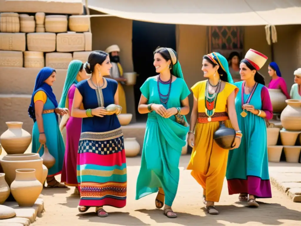 Detalle de mujeres mesopotámicas antiguas en un bullicioso mercado, mostrando la evolución histórica del vestido y la sociedad