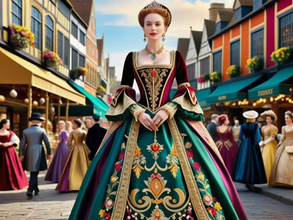 Detalle de una noble mujer elisabetana vistiendo un lujoso vestido de seda, en un bullicioso mercado de la era de Shakespeare