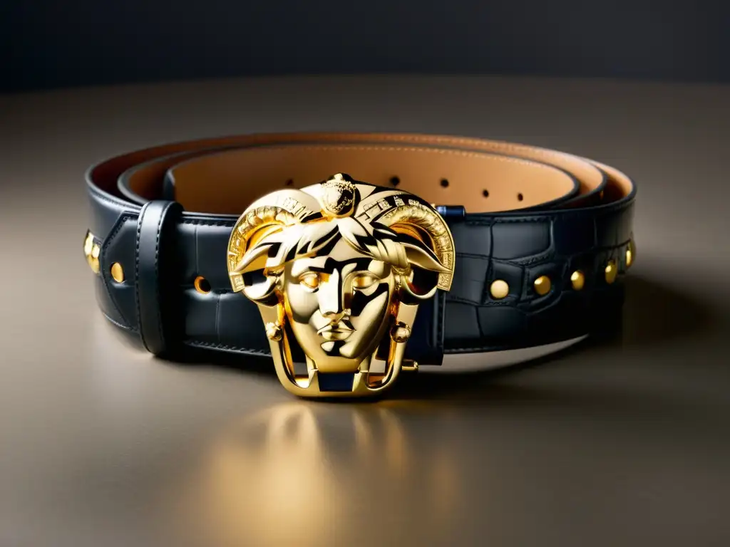 Detalle del nuevo cinturón Versace exclusivo con hebilla de Medusa dorada y logo grabado en cuero de lujo, integrado en la cultura de la moda