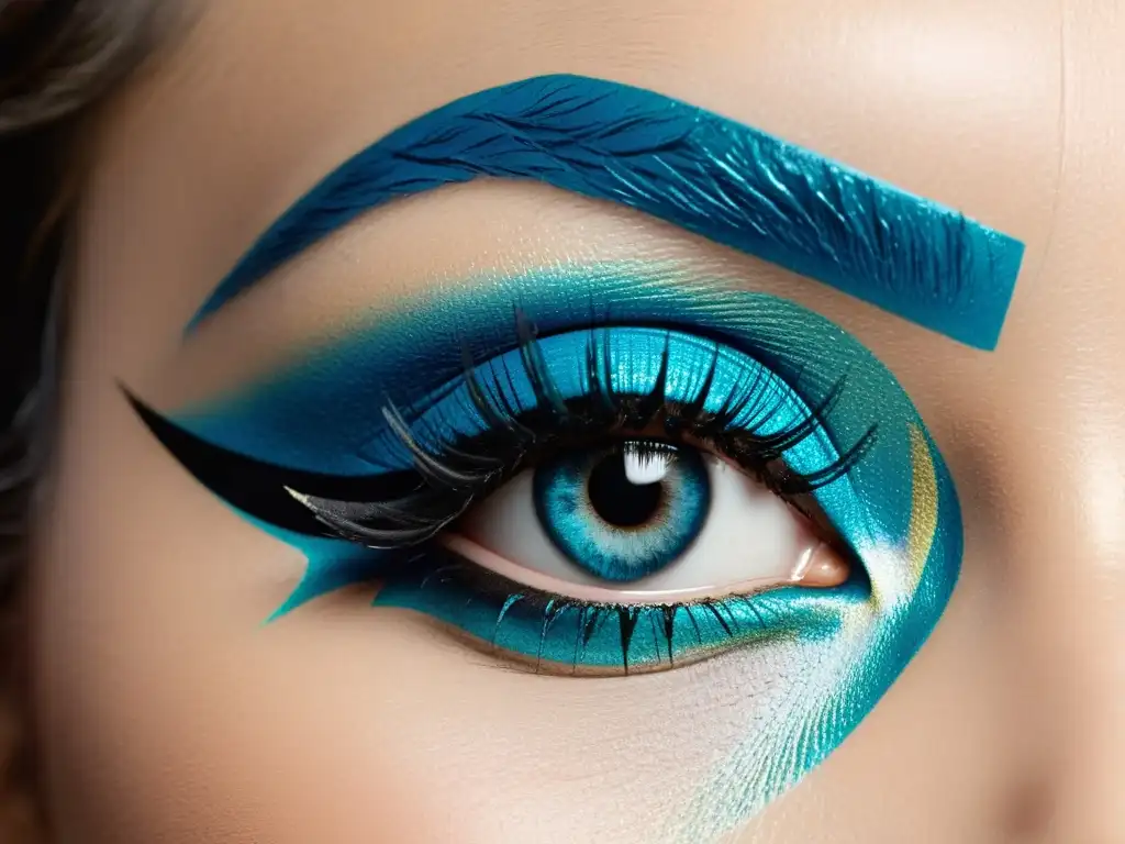 Detalle de ojos maquillados con excesos cosméticos años 80, resaltando el vibrante maquillaje azul y la exuberancia de la época