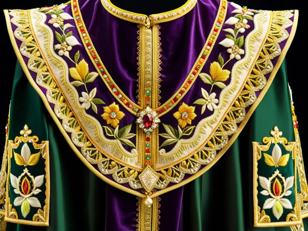 Vestimenta barroca ricamente bordada con hilo de oro y telas vibrantes Detalle de una opulenta vestimenta barroca eclesiástica bordada con hilos dorados, mostrando la influencia de la Iglesia en la moda barroca