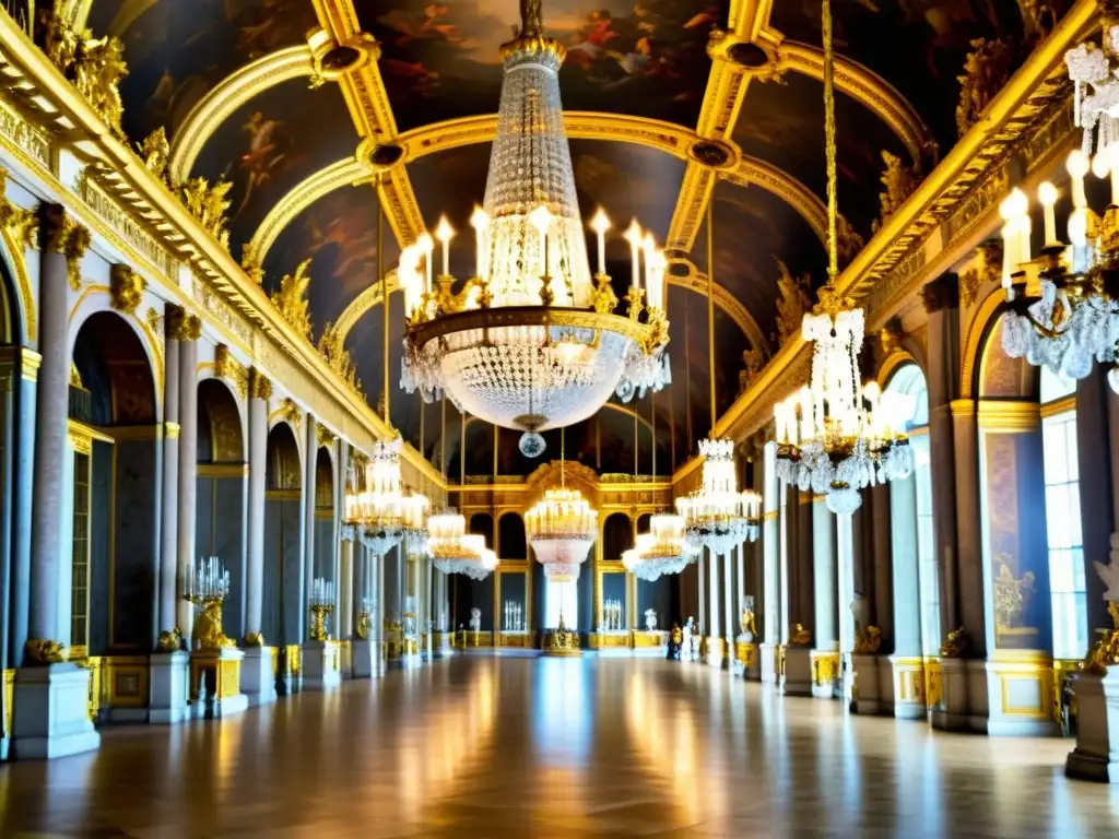 Detalle opulento del Salón de los Espejos en el Palacio de Versalles, reflejando la influencia de la moda francesa y su grandiosidad histórica