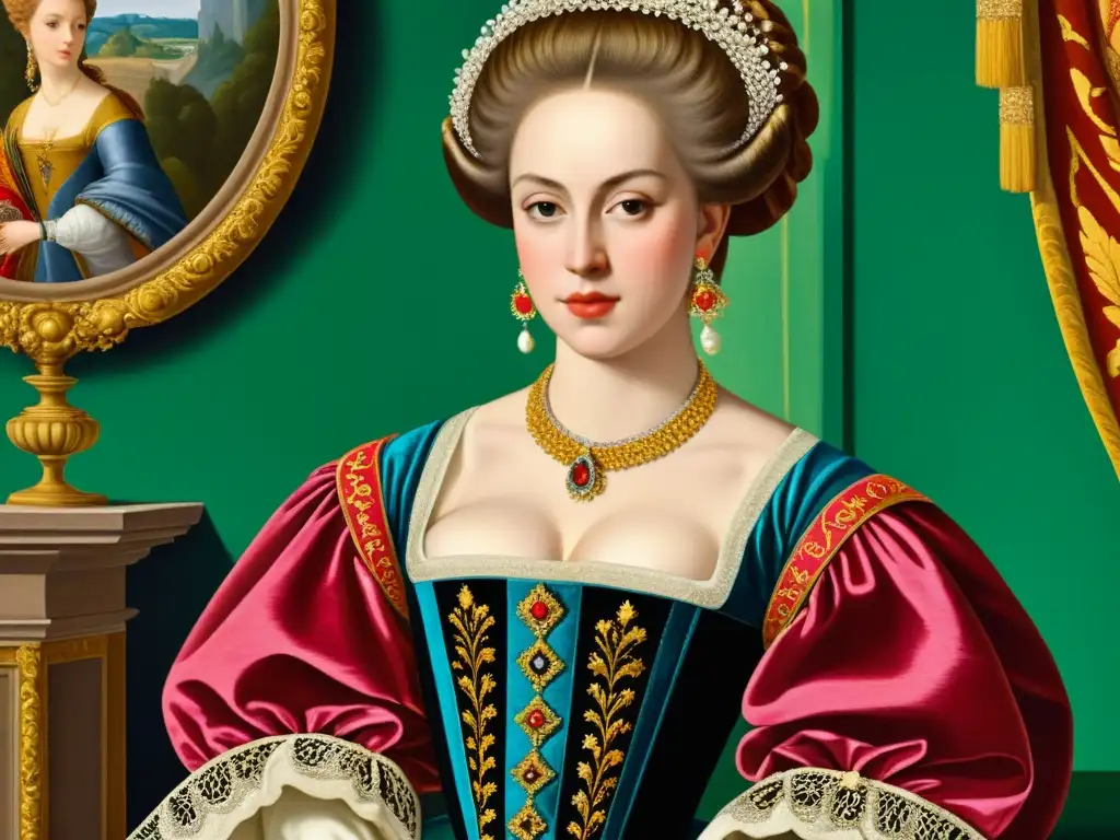 Detalle de una pintura renacentista o barroca que muestra la moda lujosa de la época