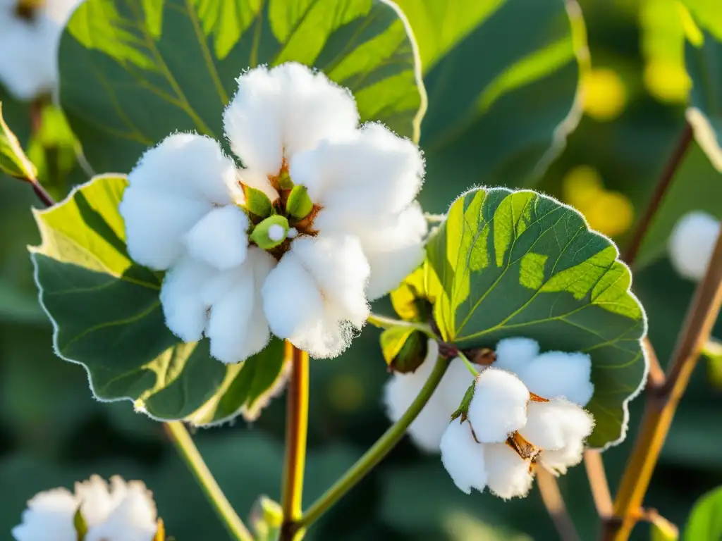 Maestría natural: Detalles íntimos del algodón en campo Detalle de planta de algodón en campo, con luz cálida resaltando hojas verdes y suave algodón
