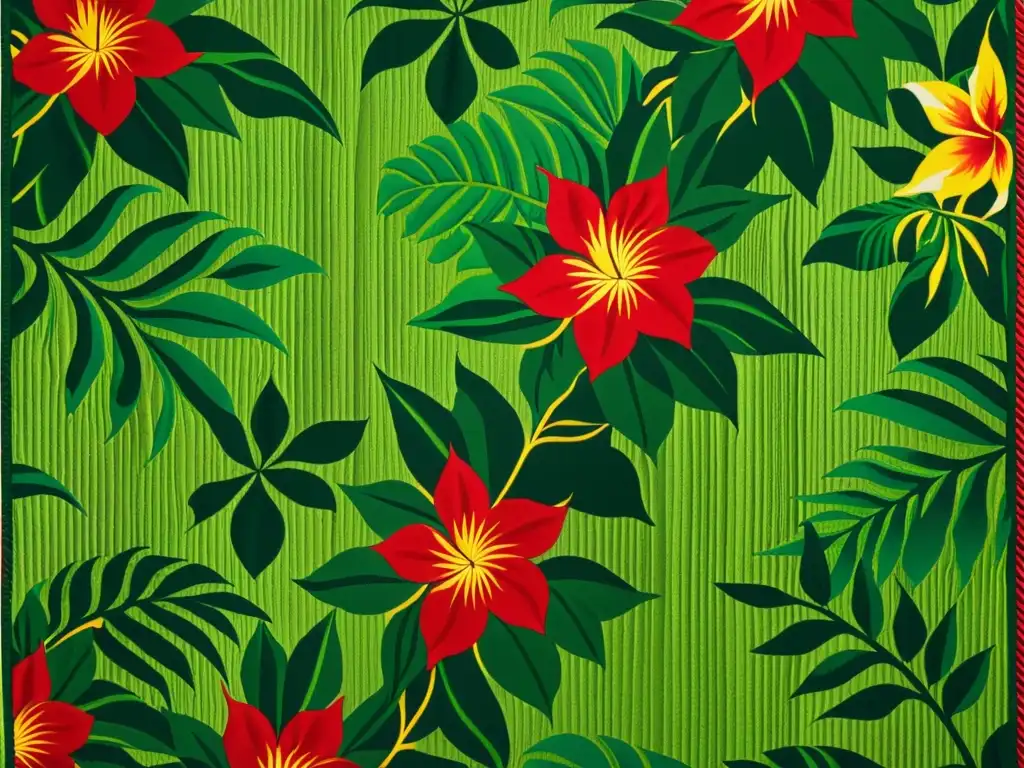 Detalle de un quilt hawaiano tradicional con patrones de flora y fauna en colores vibrantes, resaltando la artesanía y el significado cultural