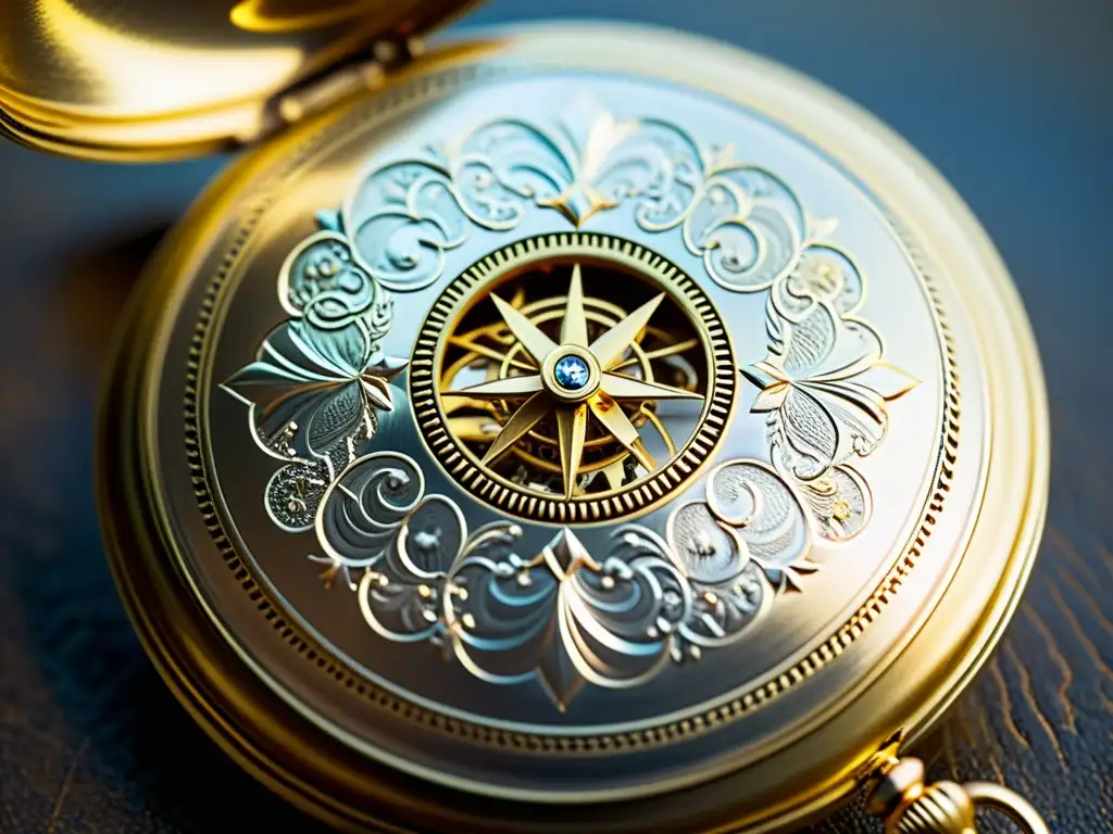 Detalle de un reloj de bolsillo histórico del siglo XVIII, con grabados intrincados, reflejando elegancia y sofisticación