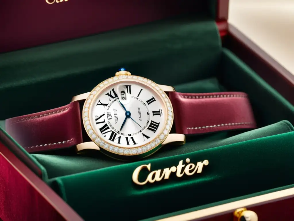 Detalle de reloj Cartier de última colección en caja de terciopelo, lujo y elegancia