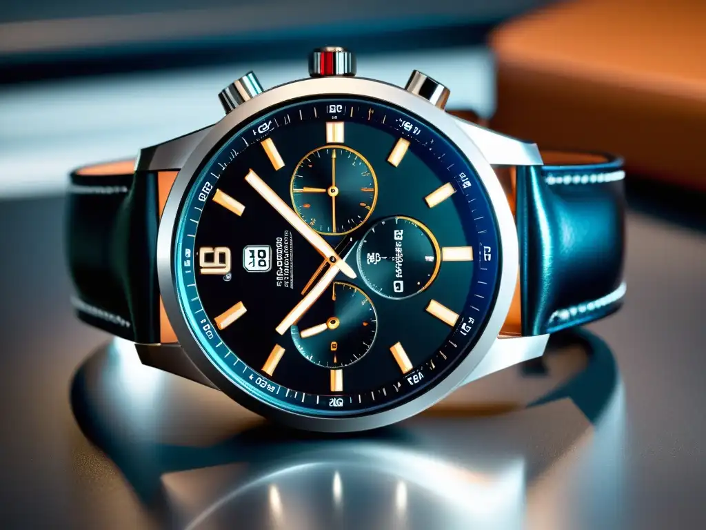 Detalle del reloj inteligente TAG Heuer: diseño lujoso con tecnología innovadora y correa de cuero excepcional