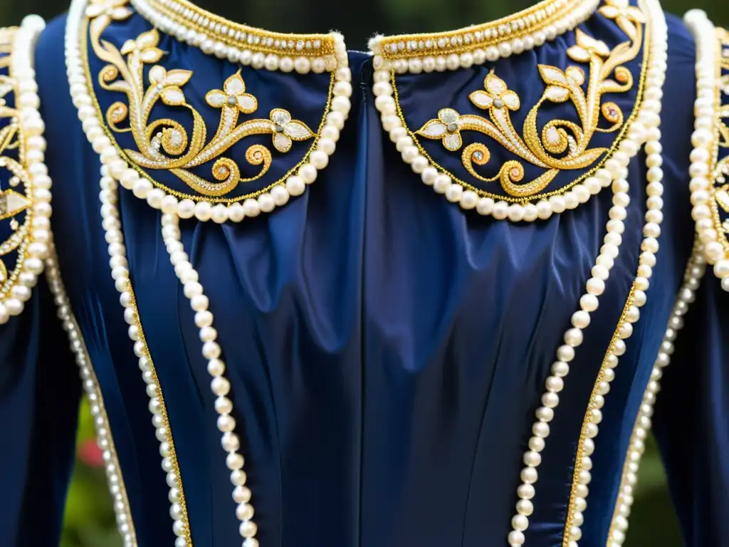 Bordado renacentista en seda azul: detalle exquisito Detalle de bodice renacentista bordado a mano en seda azul, reconstruir historia moda renacentista con hilos de oro y perlas