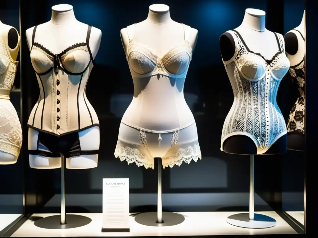 Detalle de la evolución de la ropa interior en un museo, destacando corsets, bloomers y lencería moderna