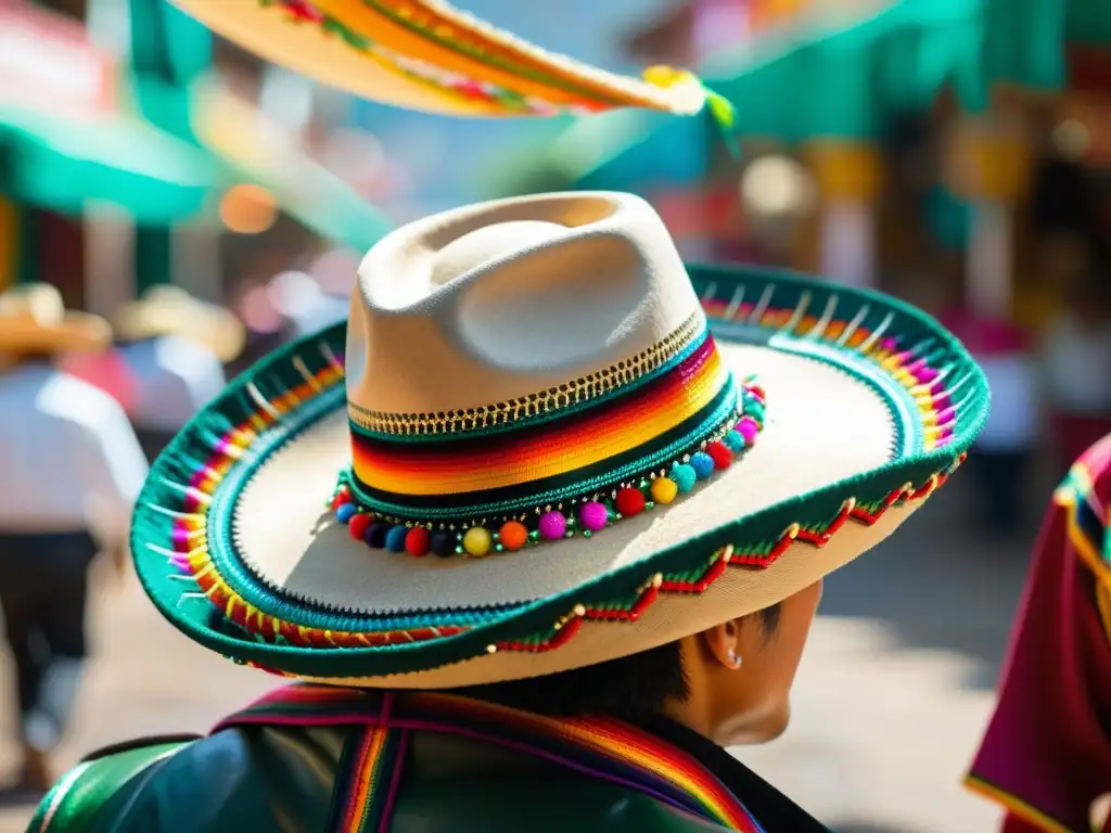 Detalle del sombrero Charro mexicano con bordados vibrantes y textura suave, en un mercado tradicional