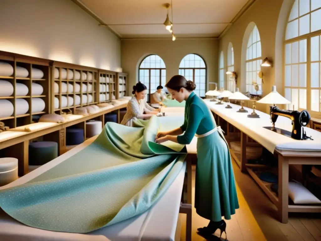 Detalle de un taller de moda histórica con costureras y diseñadores elaborando patrones a mano, exudando historia y artesanía en el diseño de moda