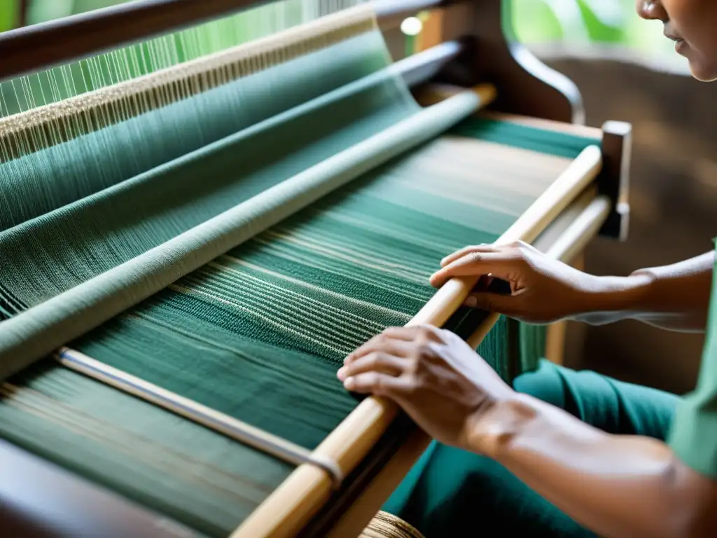 Detalle de tejido de biofibras sostenibles en telar tradicional, resaltando su fusión de artesanía y materiales ecofriendly