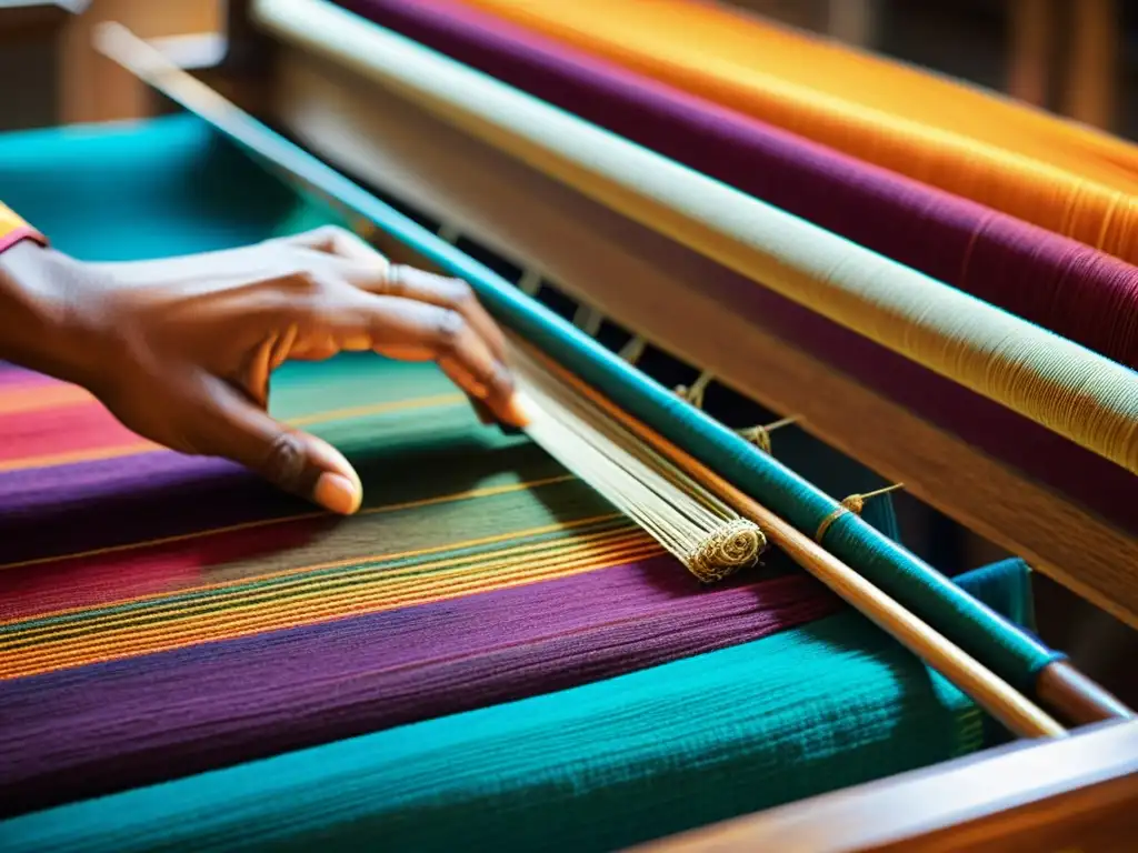 Detalle de tejido tradicional en telar manual de la India
