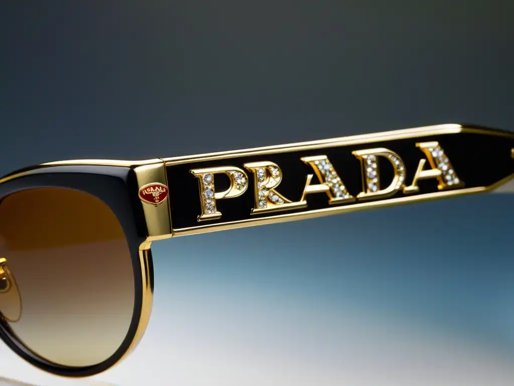 Un detalle ultradetallado de las gafas de sol Prada, muestra el exquisito grabado floral y el logo de la marca