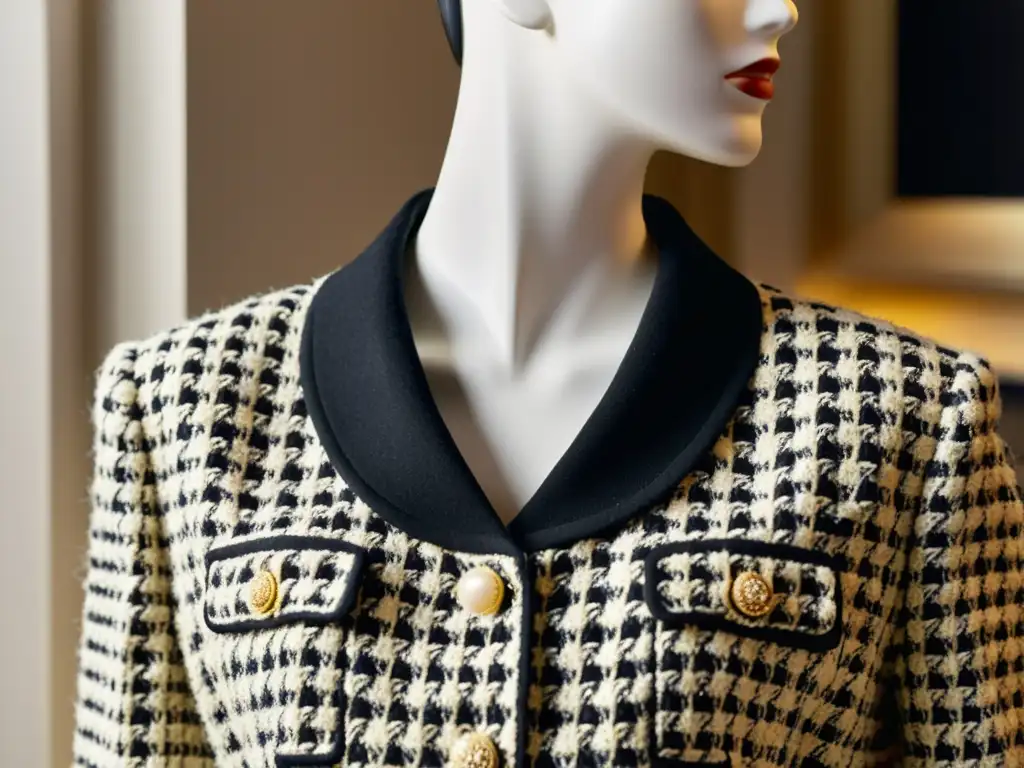 Detalle ultradetallado del icónico traje de tweed de Coco Chanel, evocando su impacto cultural y elegancia atemporal