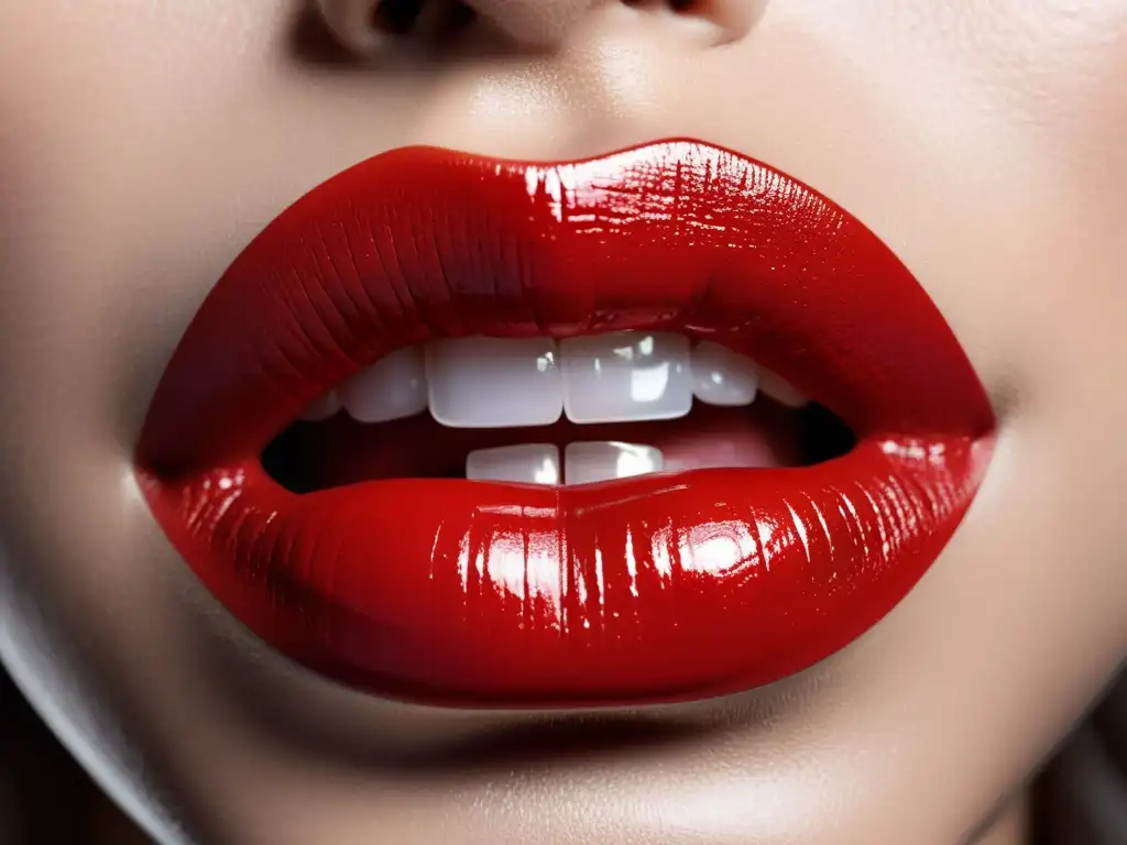 Detalle ultradetallado de labios femeninos con intenso brillo rojo, evocando excesos cosméticos años 80 con glamour y audacia