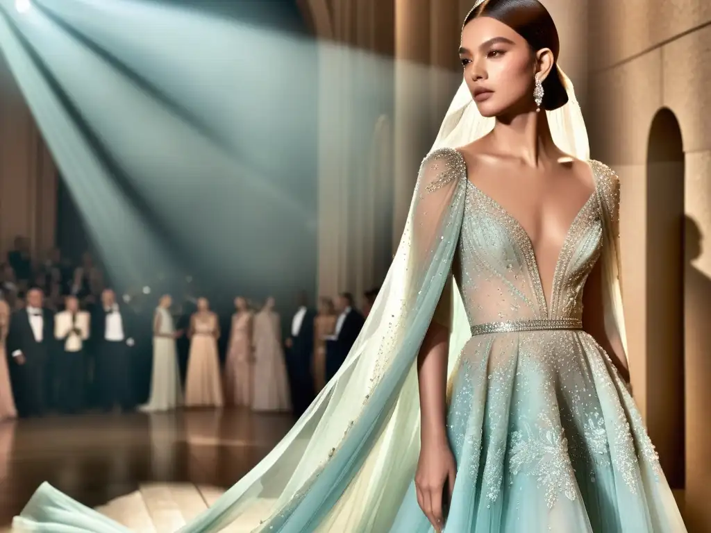 Detalle de un vestido de alta costura Elie Saab en tono pastel, con encajes e incrustaciones brillantes