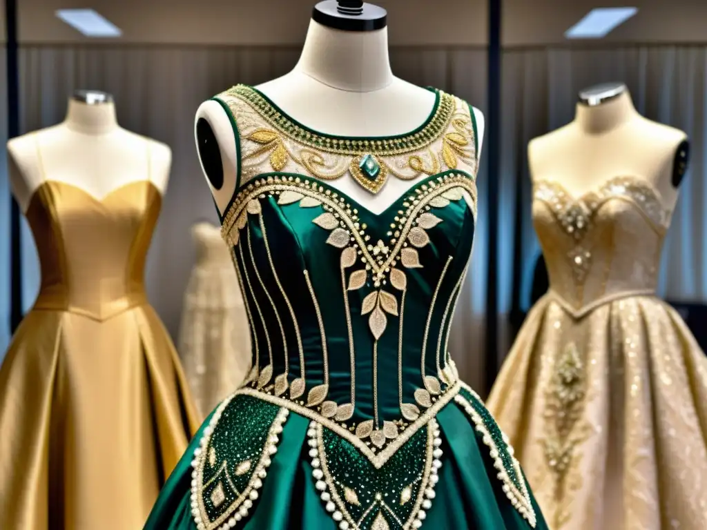 Detalle de un vestido de gala tradicional con bordados y pedrería, simbolizando la evolución de la moda en eventos sociales