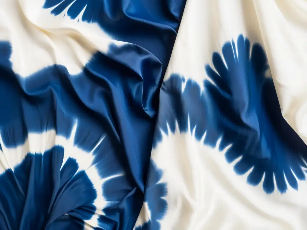 Detalle de vestido de seda blanco con técnicas tradicionales japonesas shibori moda: patrones indigo en pliegues delicados y brillo sutil