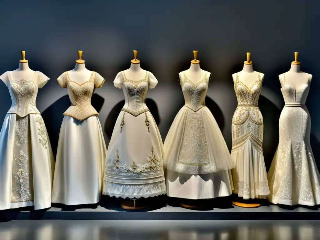 Detalle de la evolución de vestidos de novia a lo largo de los siglos, desde diseños antiguos elaborados hasta estilos modernos minimalistas