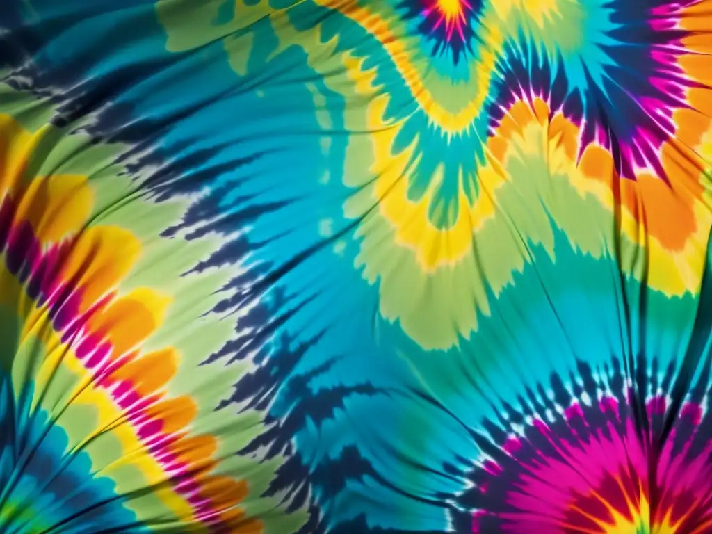 Detalle vibrante de tela tie-dye: patrones intrincados y colores impactantes evocan la moda psicodélica de los 60