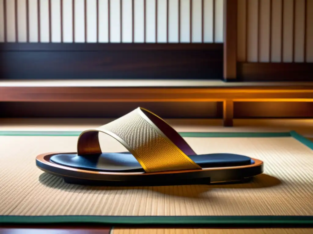 Detalle de un zapato geta japonés sobre tatami, resaltando su artesanía y significado cultural en la moda asiática