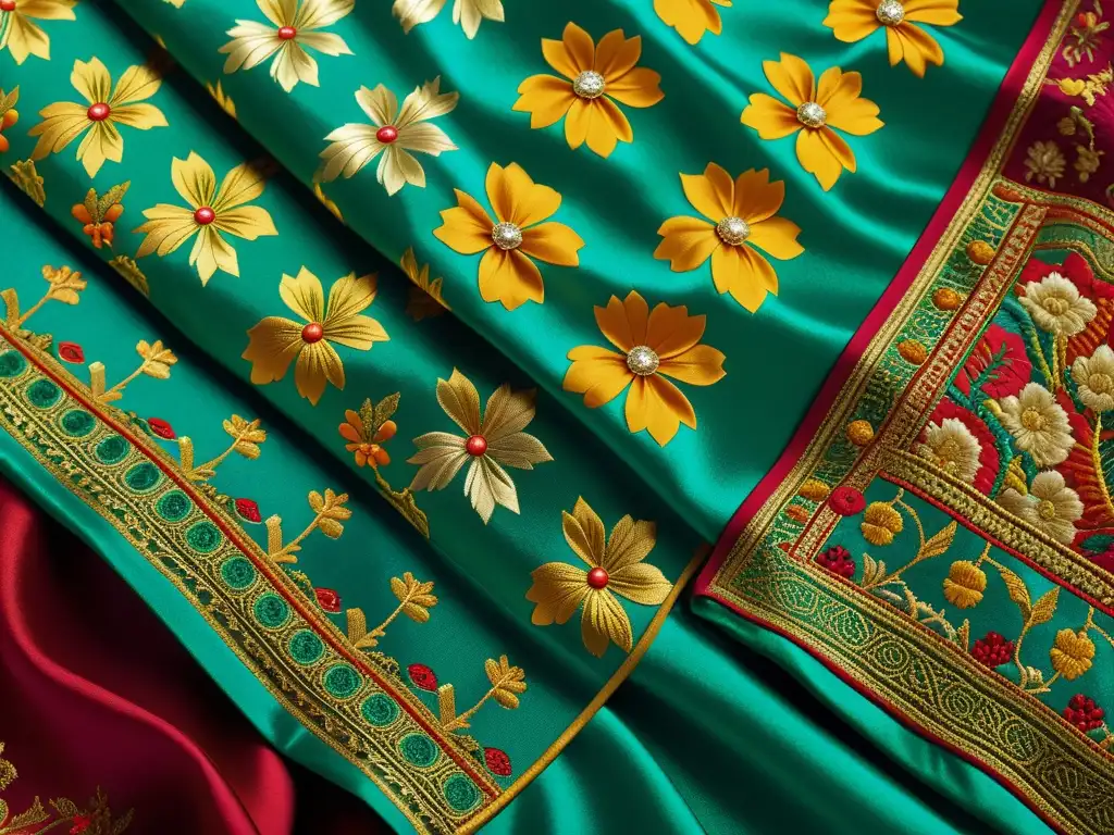 Detalles de un antiguo tejido brocado, con patrones intrincados y colores vibrantes, resaltando el impacto cultural de estampados en moda