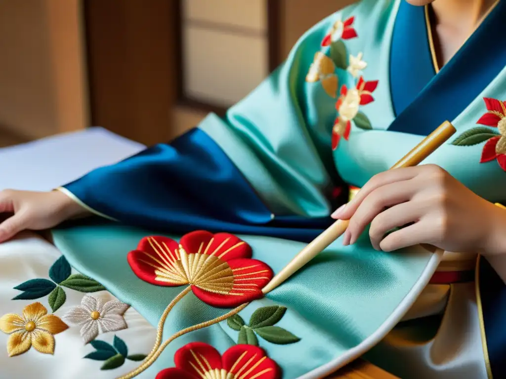 Detalles exquisitos de un kimono japonés, reflejando la artesanía y la inspiración asiática en alta costura