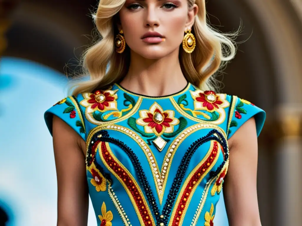 Detalles exquisitos de un vestido de alta costura Versace, mostrando colores vibrantes, telas lujosas y adornos ornamentados