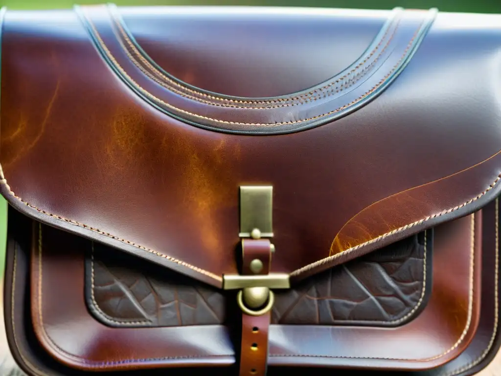 Detalles fascinantes de un antiguo bolso de cuero, iluminado por la suave luz natural