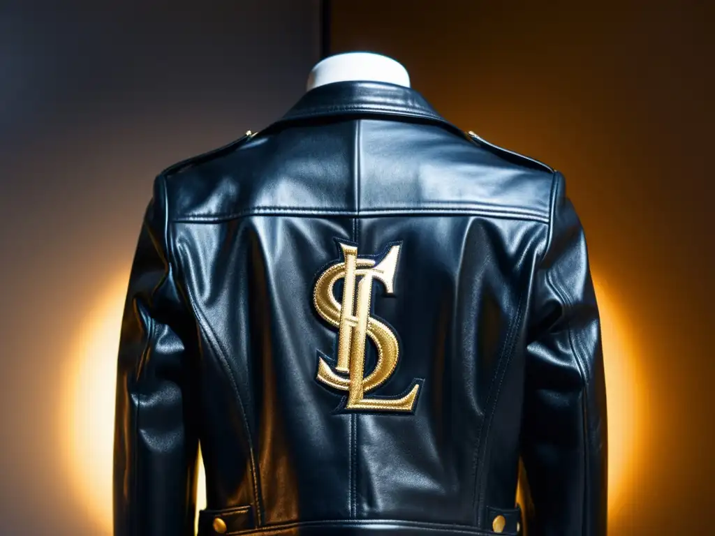 Detalles fascinantes de la historia de la chaqueta de cuero Saint Laurent, con su icónico logo YSL en la solapa y su textura envejecida