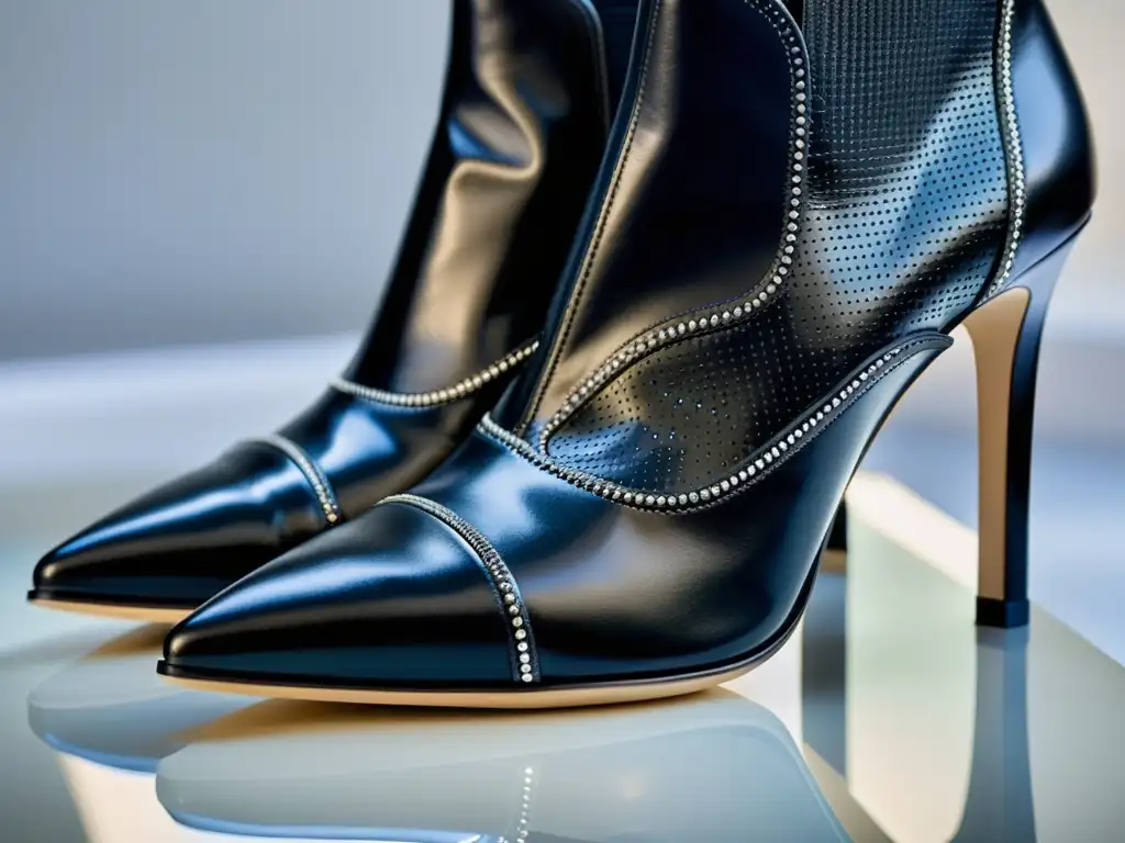 Detalles intrincados de las botas de Jimmy Choo en cuero negro, resaltando su calidad y diseño de lujo