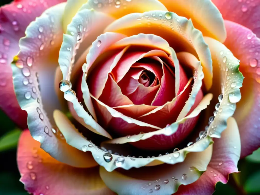 Detalles de lujo natural en la belleza: un pétalo de rosa con rocío, resaltando su textura y colores vibrantes en su entorno natural