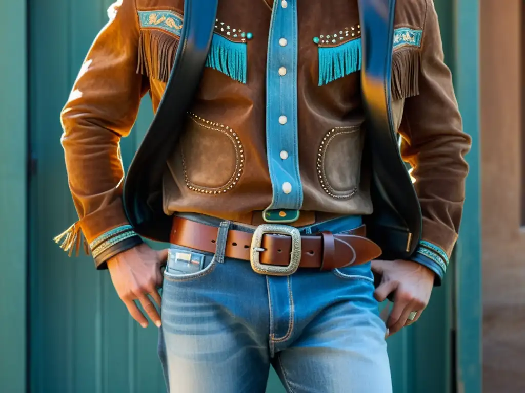 Detalles realistas de un atuendo urbano Western, resaltando el impacto cultural del estilo Western en moda