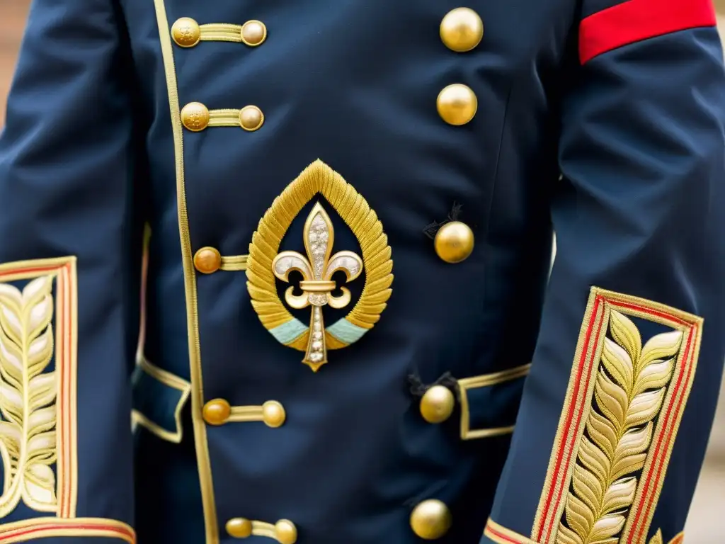 Detalles del uniforme militar del siglo XIX, resaltando la artesanía y diseño ornamentado, impacto de los uniformes militares en la moda