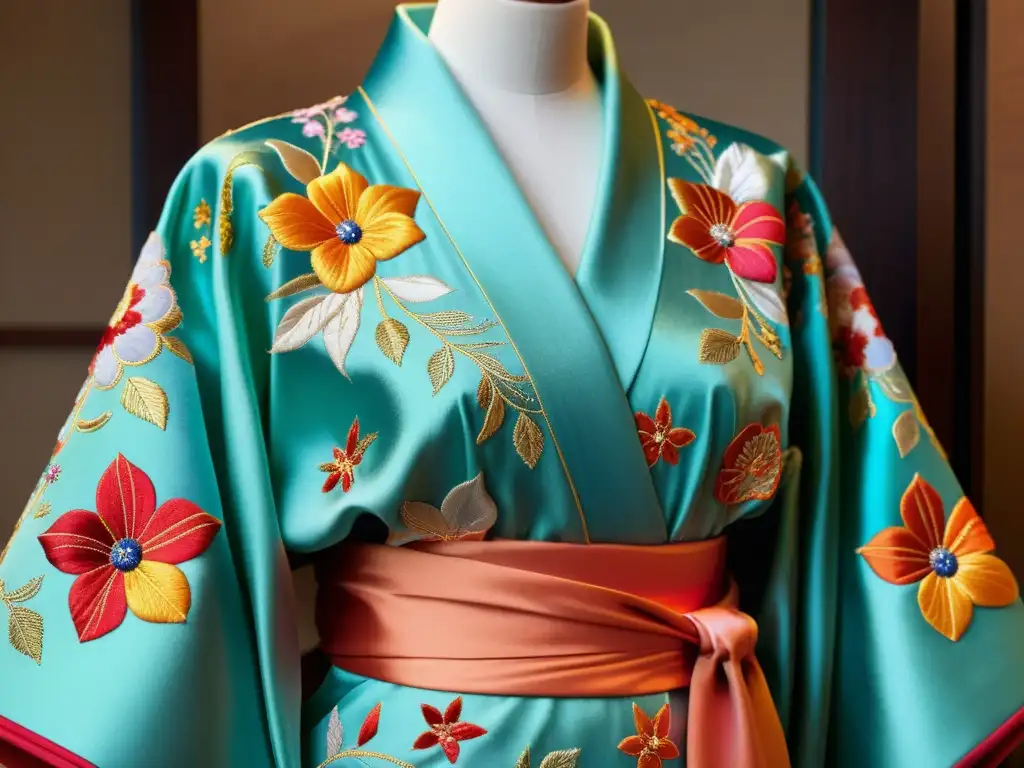 Detalles vibrantes y artesanía japonesa en mangas de kimono, reflejando el impacto cultural de la moda revolucionaria