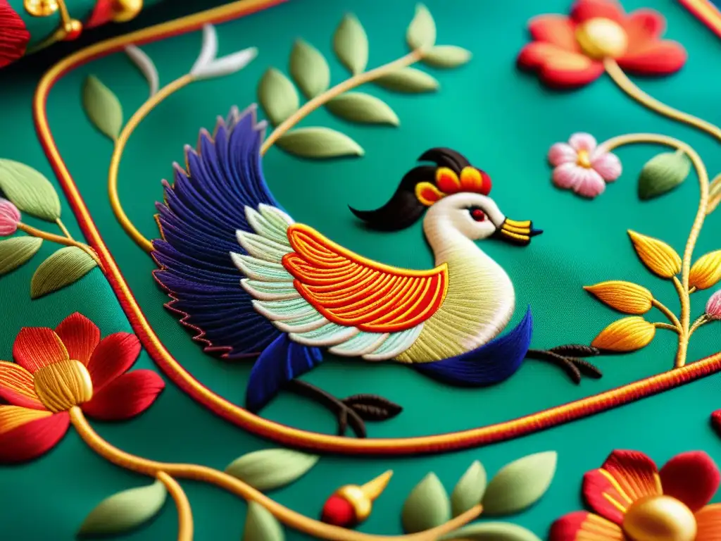 Detalles vibrantes y artesanía meticulosa en una seda bordada tradicional china, capturando la influencia asiática en la moda occidental