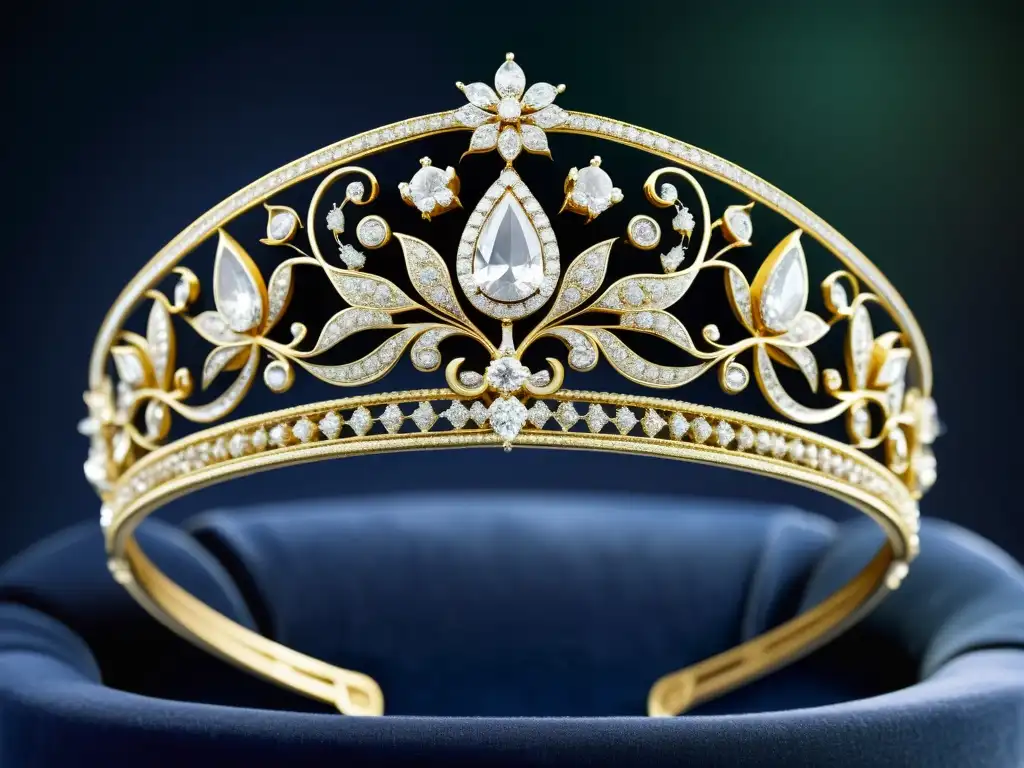 Una diadema de diamantes deslumbra sobre terciopelo, exudando elegancia y opulencia, capturando la historia y la realeza del accesorio