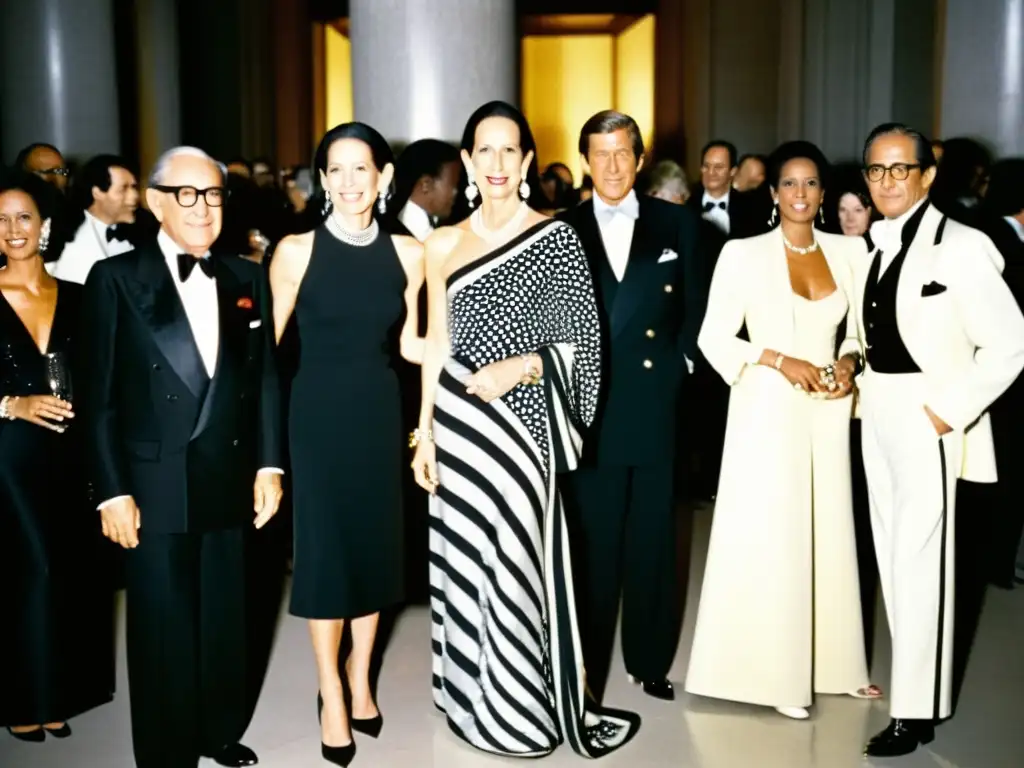 Diana Vreeland en el Met Gala de 1973, rodeada de celebridades y diseñadores, reflejando el origen y evolución del Met Gala