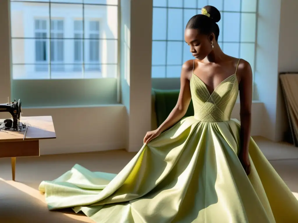 Un diseñador de moda de alta costura crea meticulosamente un vestido sostenible en un atelier iluminado por la luz natural, fusionando lujo y futuro sostenibilidad moda alta costura