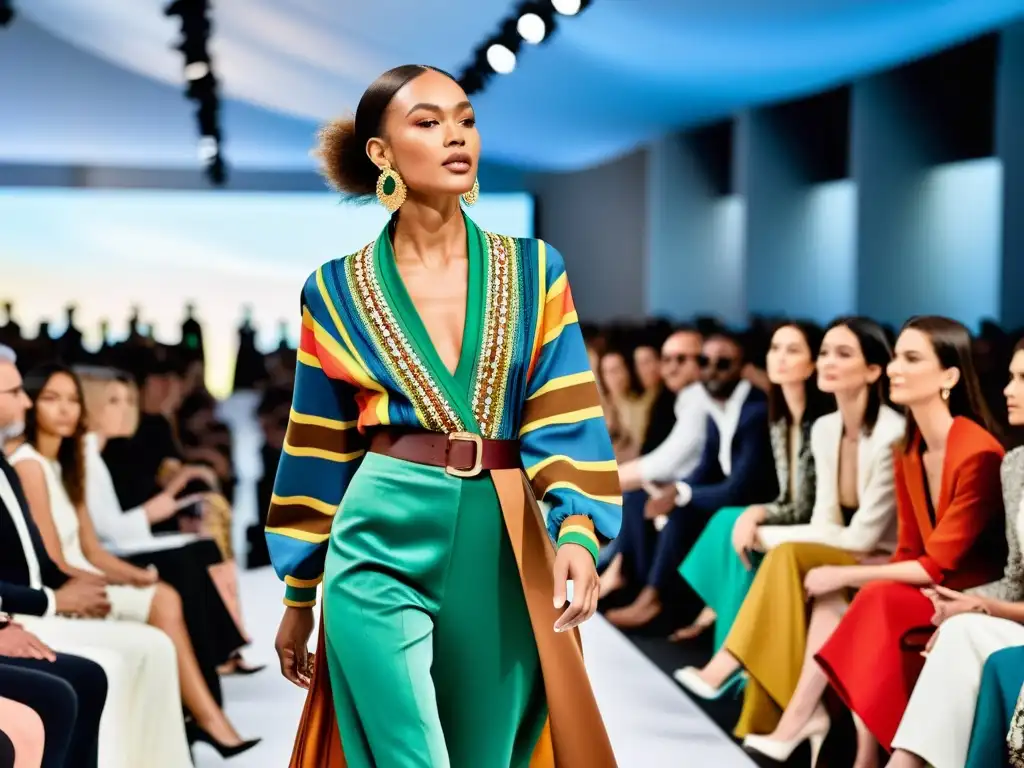 Un diseñador de moda apasionadamente explica su colección en un desfile, demostrando la importancia del storytelling en moda