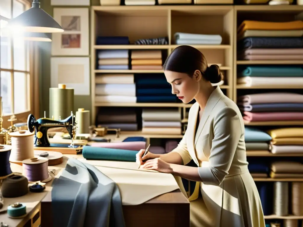 Un diseñador de moda crea una edición limitada en su luminoso atelier, rodeado de telas y equipo vintage, exudando exclusividad y artesanía