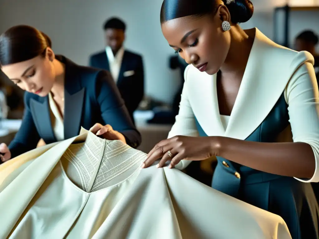 Un diseñador de moda ajusta meticulosamente un impresionante vestido en un moderno atelier, rodeado de un equipo trabajando con dedicación